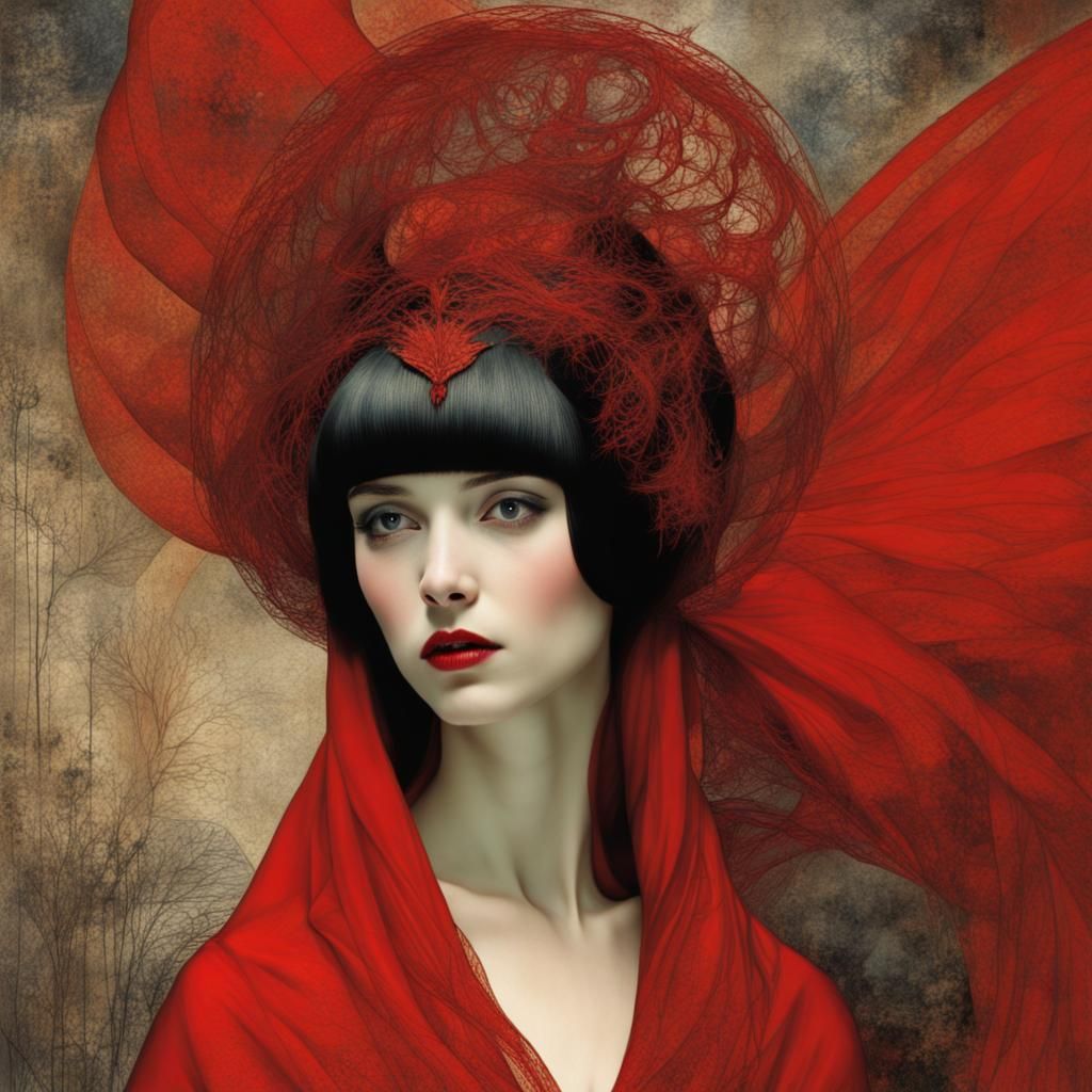 A very beautiful, broadshouldered grimdark gothic girl in red, by