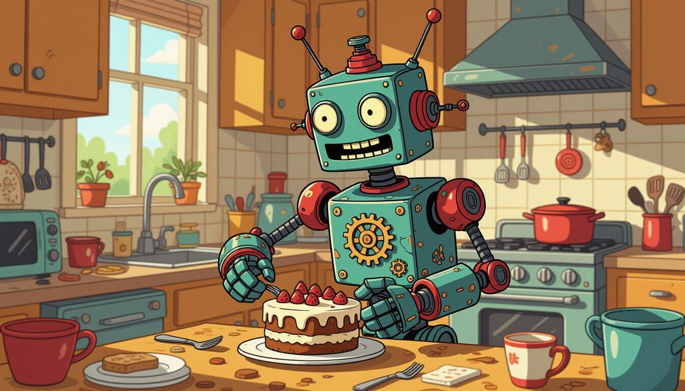 Cartoon art. A  robot attempts to bake a cake  ...  by @The forest princess