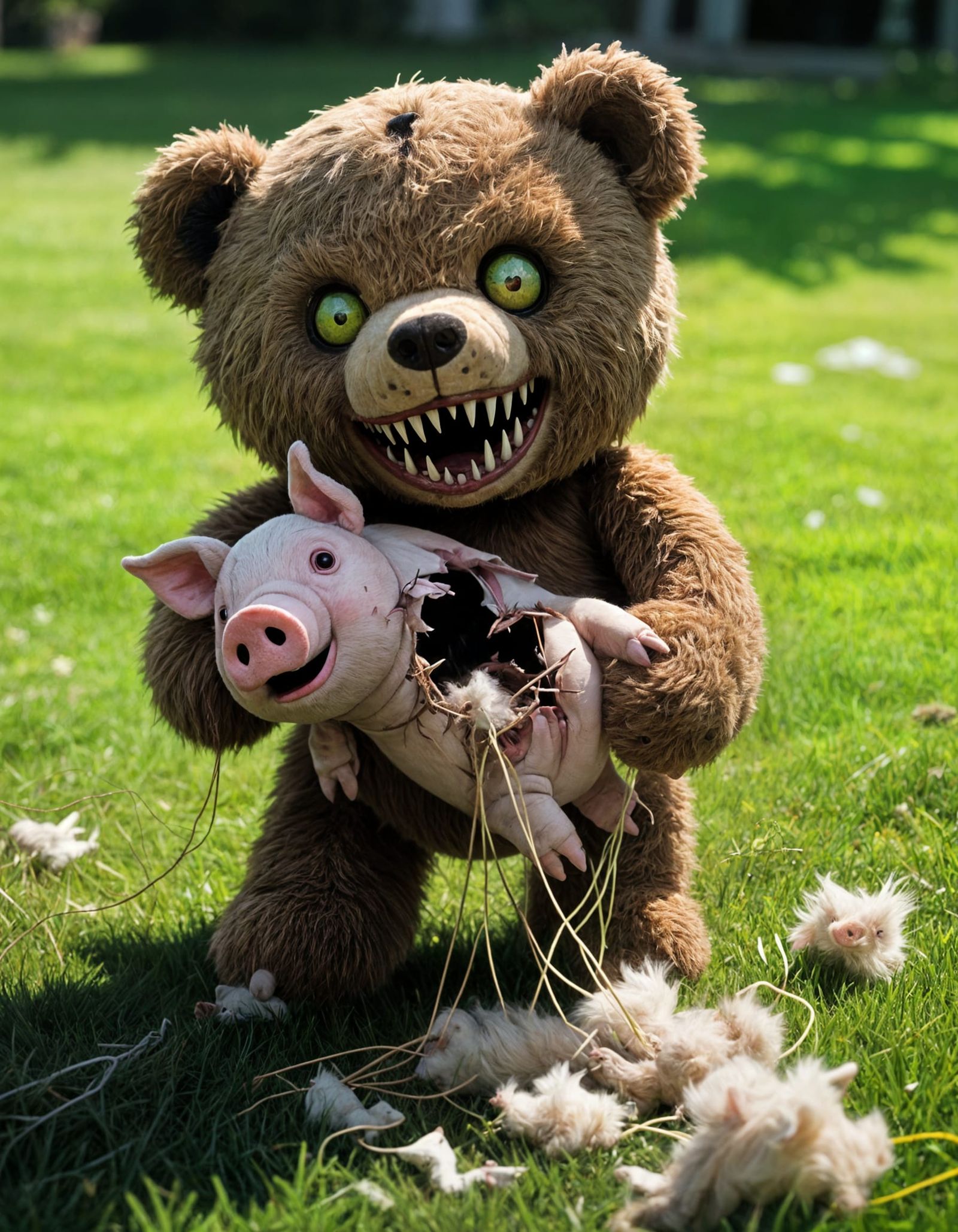 A highly detailed, photorealistic scene of a sinister plush teddy bear with crazed, wild eyes and sharp ...  by @capy