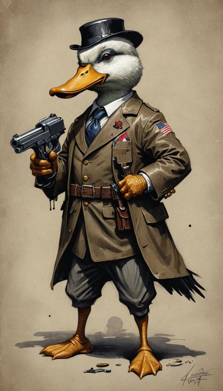 Anti Duffy Duck with 1911 pistol, evil Anti superhero sinist...