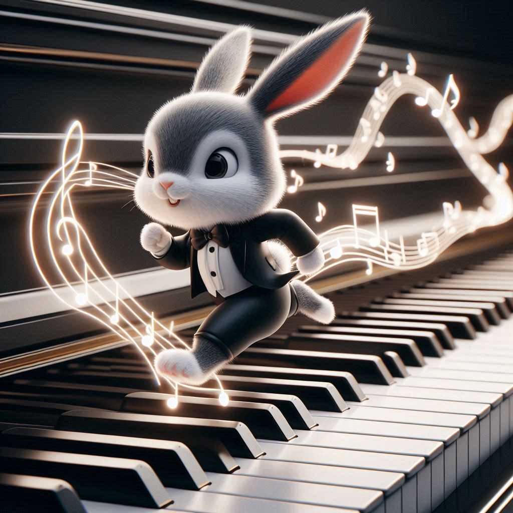 hopping piano playing bunny