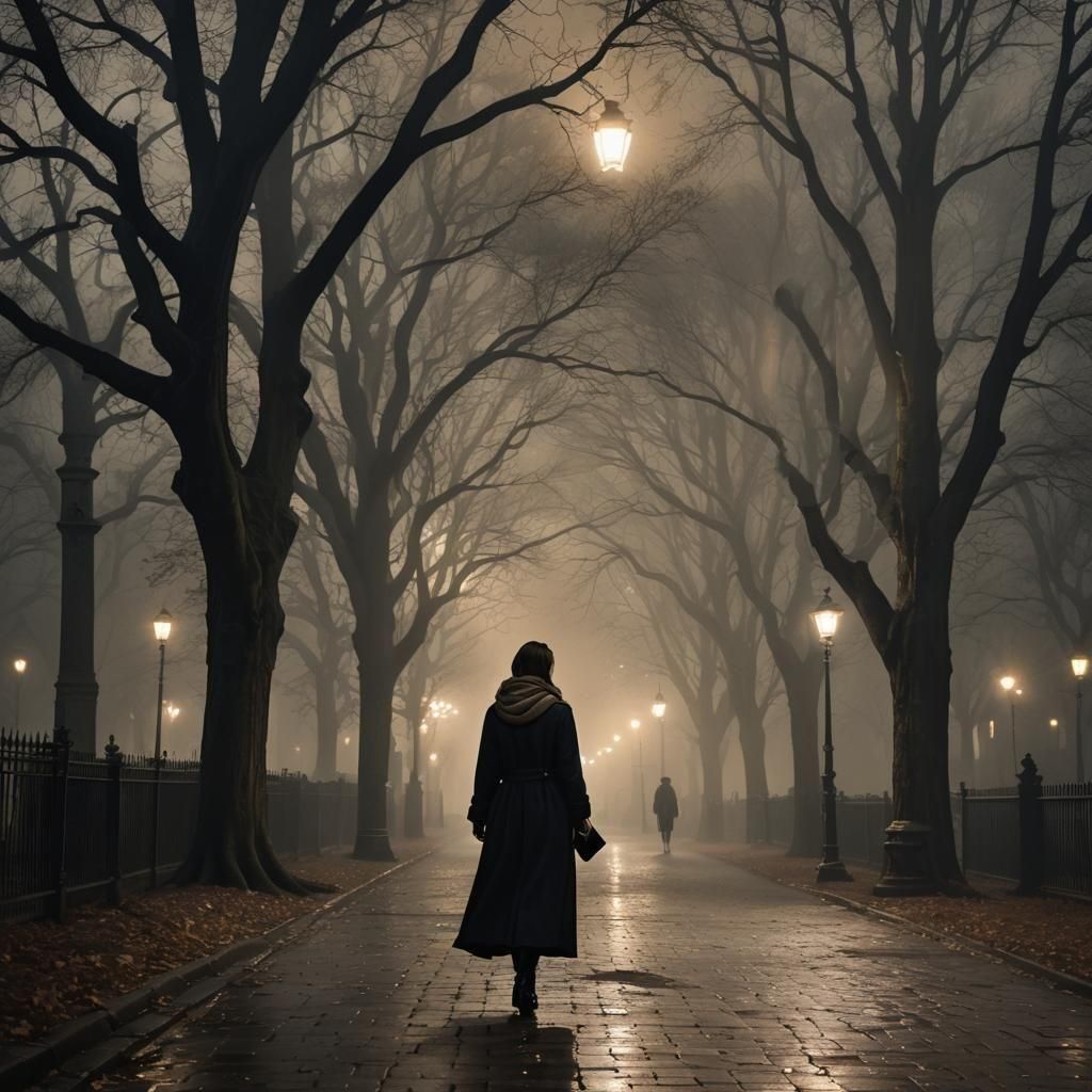 In the silence of a park, shrouded in nighttime darkness, a girl strolls slowly along a long alley illuminated by flickering street lamps. A...
