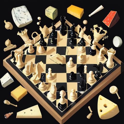 "a cheese made chess set, chasing a black case"