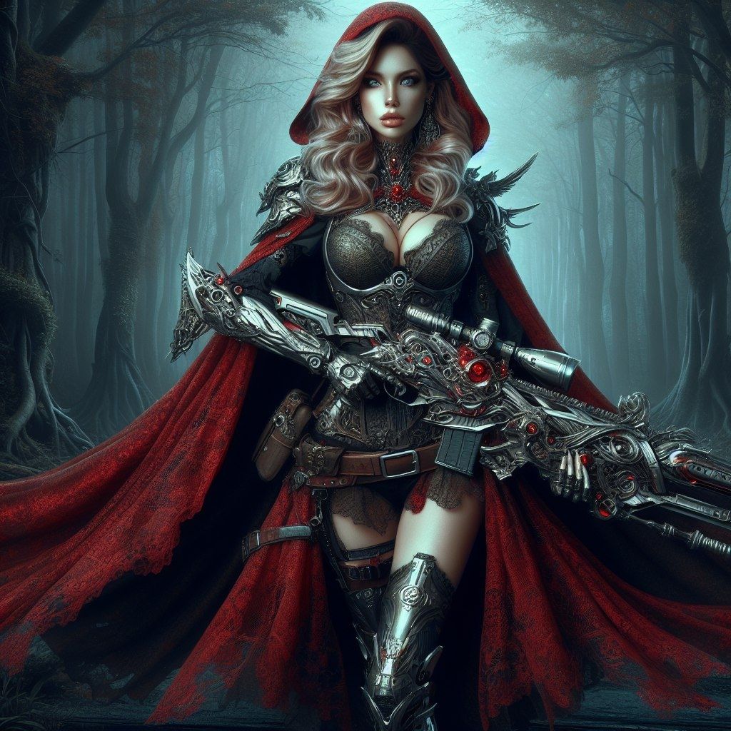 Red Riding Hood hunting wolves.