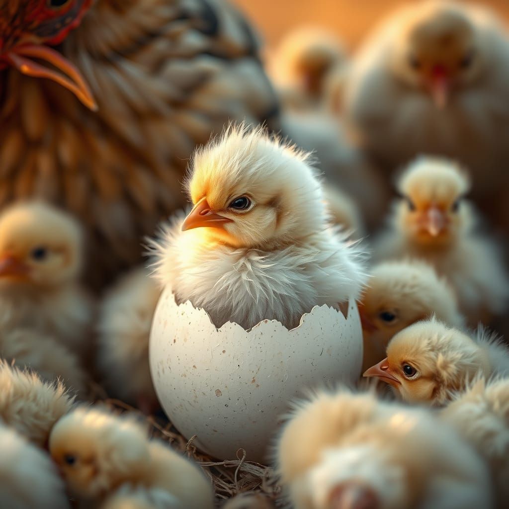 Fluffy Chicks Hatching in Golden Hour Farmyard