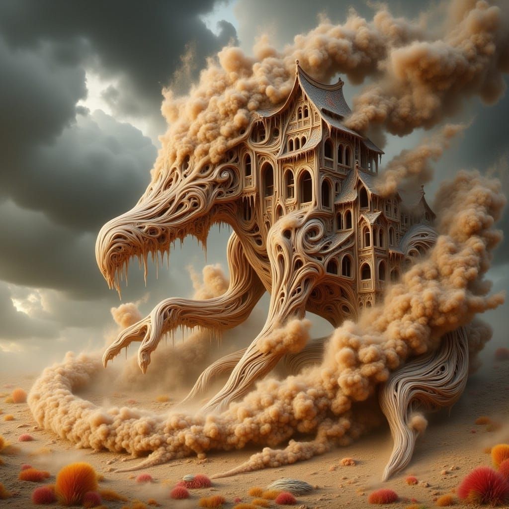 <lora:-Wonky Houses ALIVE-:1.0>  a sand elemental creature dissolving into a swirl of sand, hyprealistic fantasy image 64 megapixels hyperde...