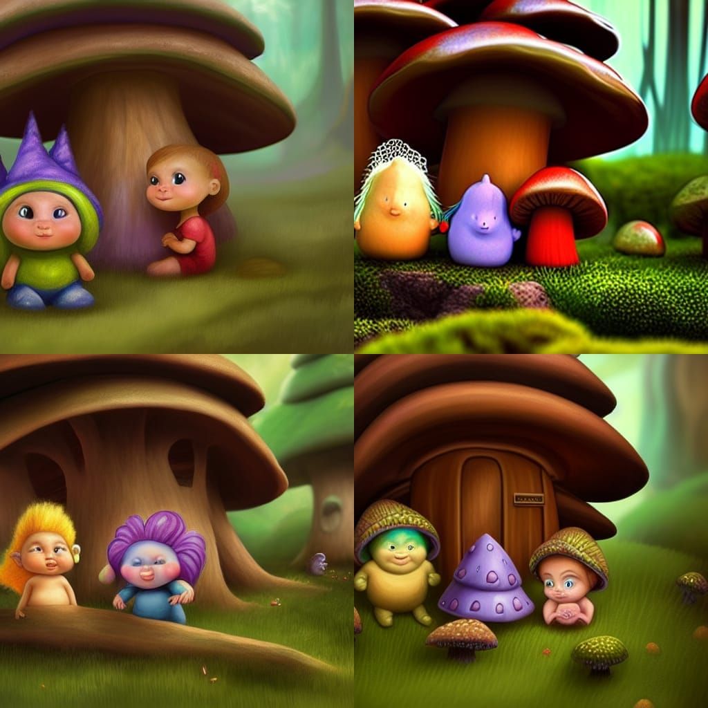 Family of baby trolls huddling together in a mushroom house ...