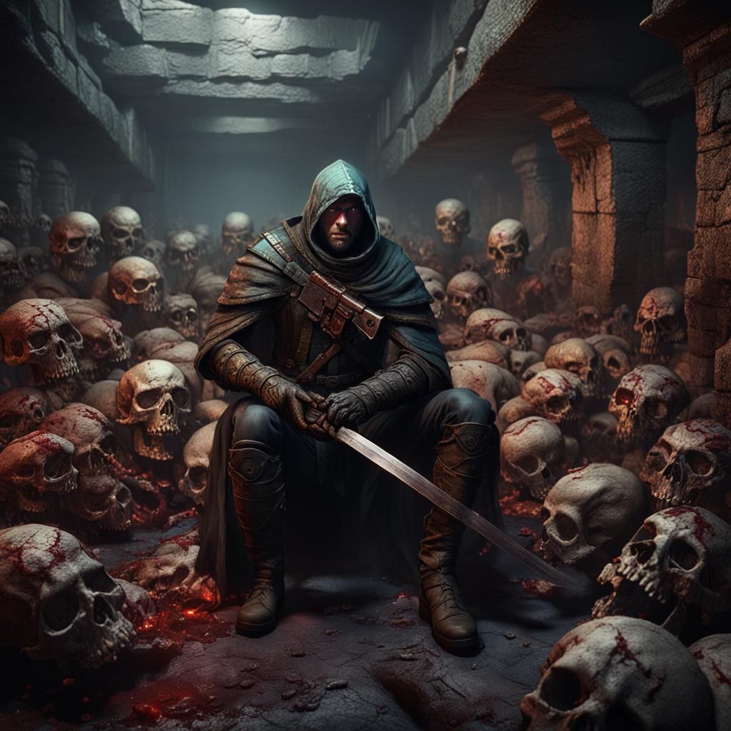 A lone wounded fantasy fighter surrounded by dead people in ...