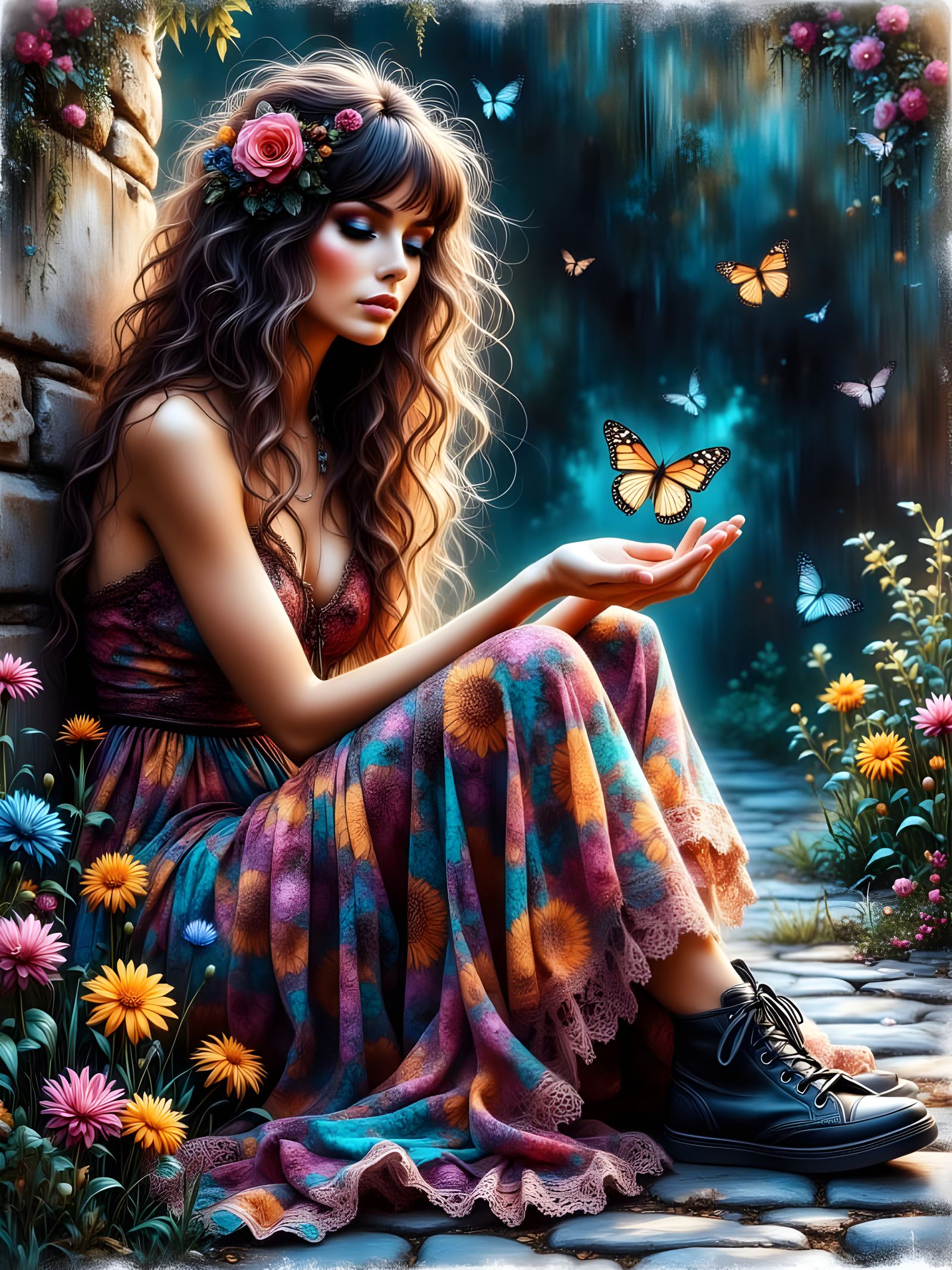 Create a whimsical grunge scene with a naturally <lora:Beautiful women:0.5> beautiful young bohemian ...  by @Karen M