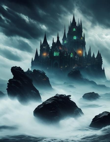 <lora:Black nightmare:1.0> Demon with wings, on a rock in a stormy dark blue sea, dark epic clouds, skull face, splashy colors, black shapes...