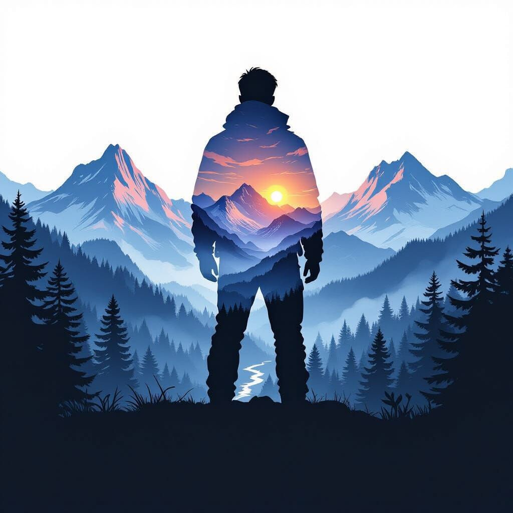 
"A captivating digital painting in the style of a double exposure silhouette. The primary subject is a lone male hiker or explorer, standin...