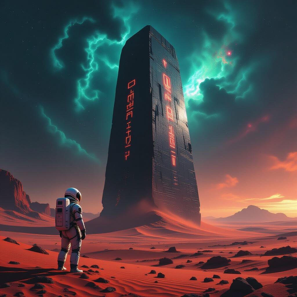 A lone astronaut stands on a desolate alien planet, gazing up at a colossal, ancient alien artifact that dwarfs the landscape. The artifact ...