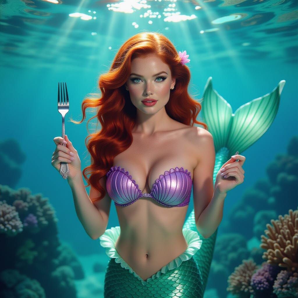 Red-Haired Mermaid with Fork in Vibrant Undersea Scene