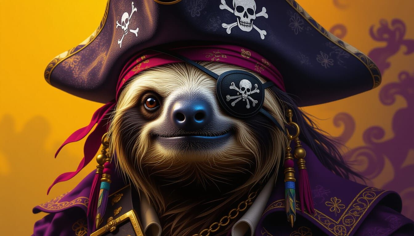A sloth takes over as captain of a pirate ship, eye patch and all.  by @MK Thunderstone