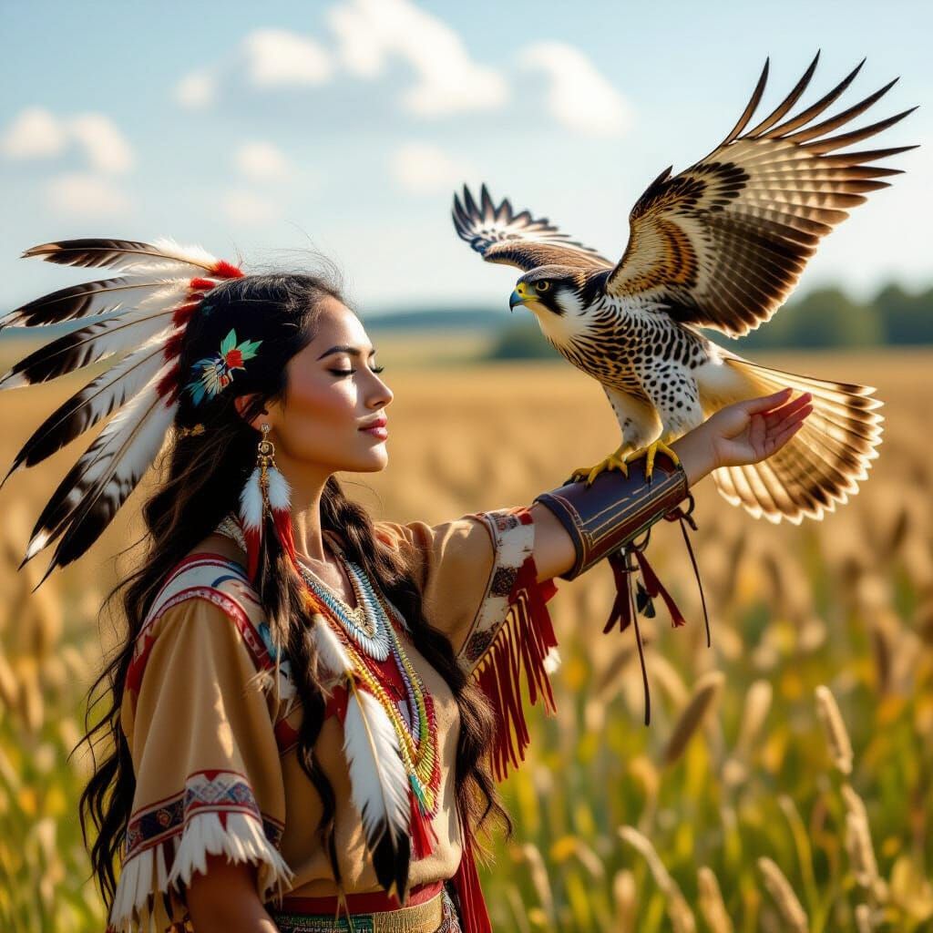 photorealistic image of a beautiful woman in a field with a falcon that has come to land on her outstretched arm, and experienced falconer, ...