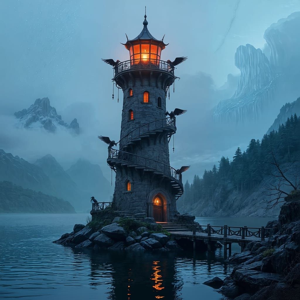 Soaring above the midnight mirror of Lake Asp, the Wrecklight rises 200 ft, a solitary spire of storm-bleached stone veined with crimson lic...