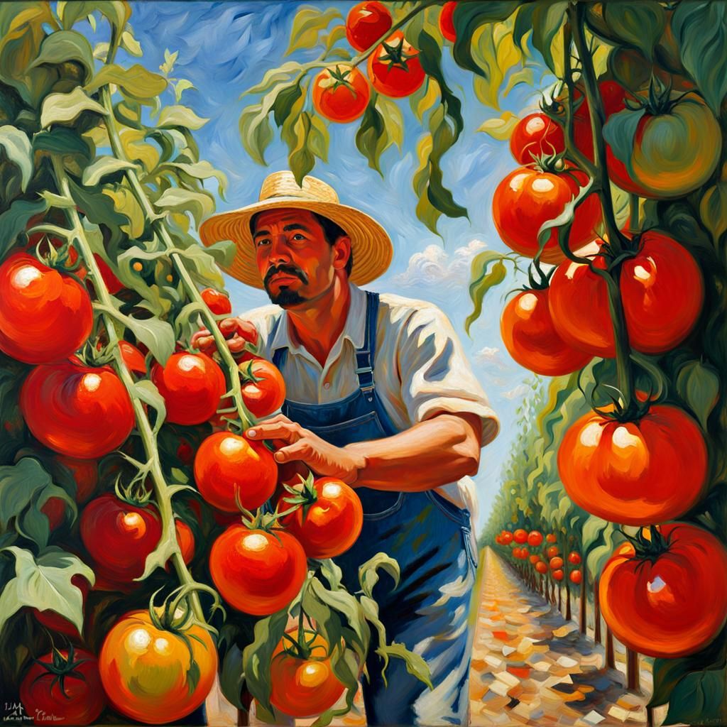 a farmworker picking tomatoes, hot summer day  by @Staircase Flash