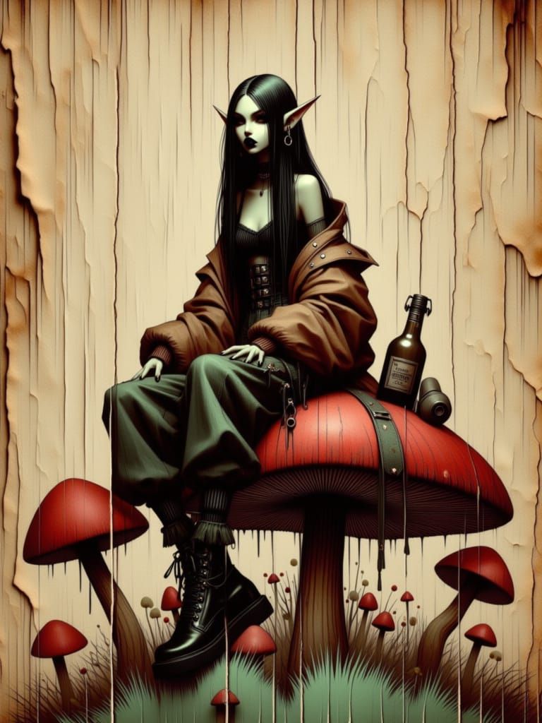 <lora:Goth Grunge Beauty:1.0> <lora:Elven Fashion Drip:1.0> sitting on oversized mushroom, beige red elegance, goth elven, graffiti, GRUNGE ...