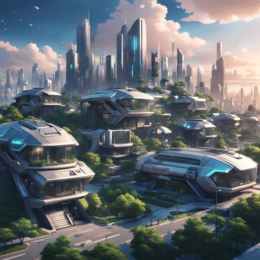 Futuristic neighborhood full of futuristic houses with a view of futuristic city in the background