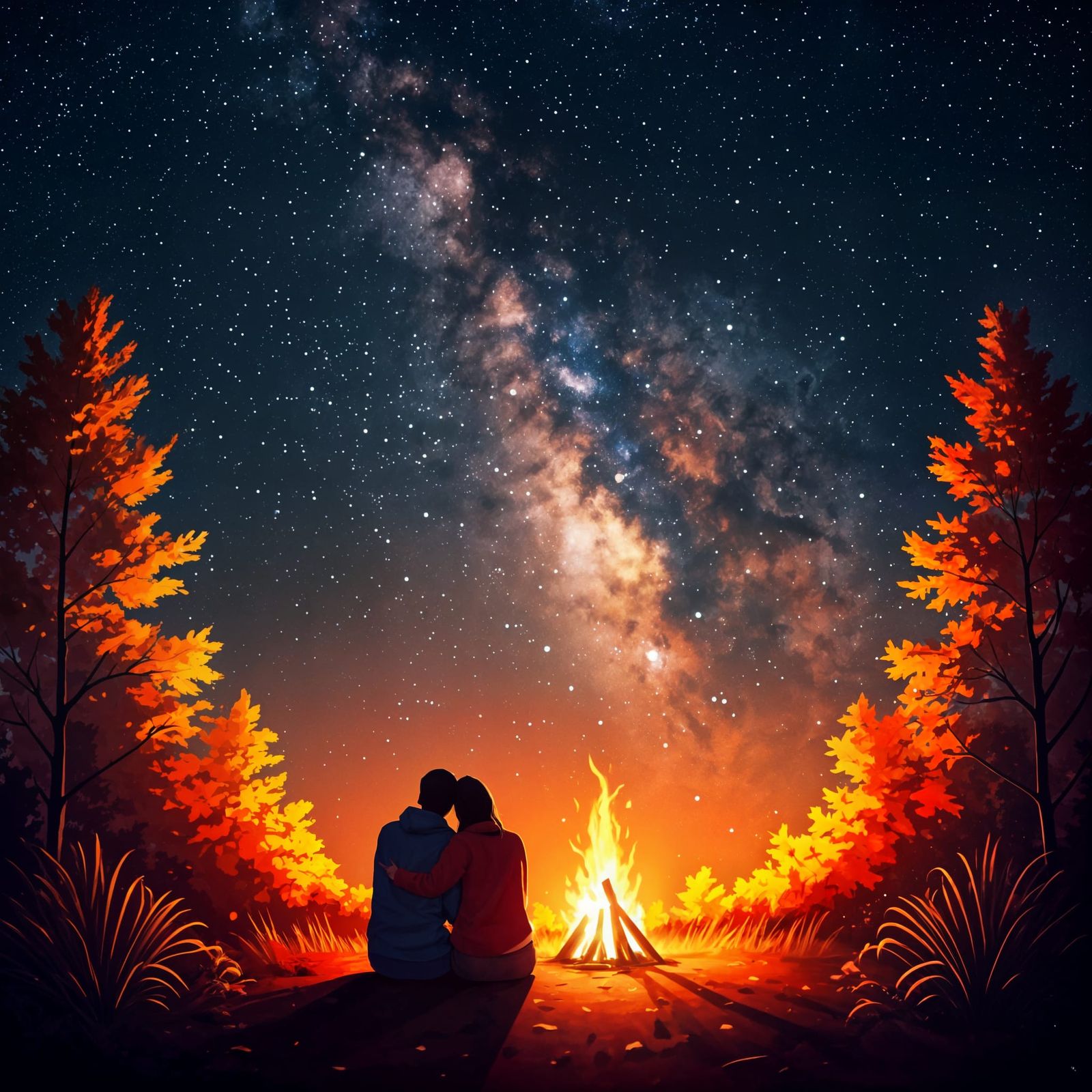 Stargazing beside a crackling bonfire, autumn, milkyway, Vibrant colors, cosmic sky, cuddling   by @Wildflowers77 