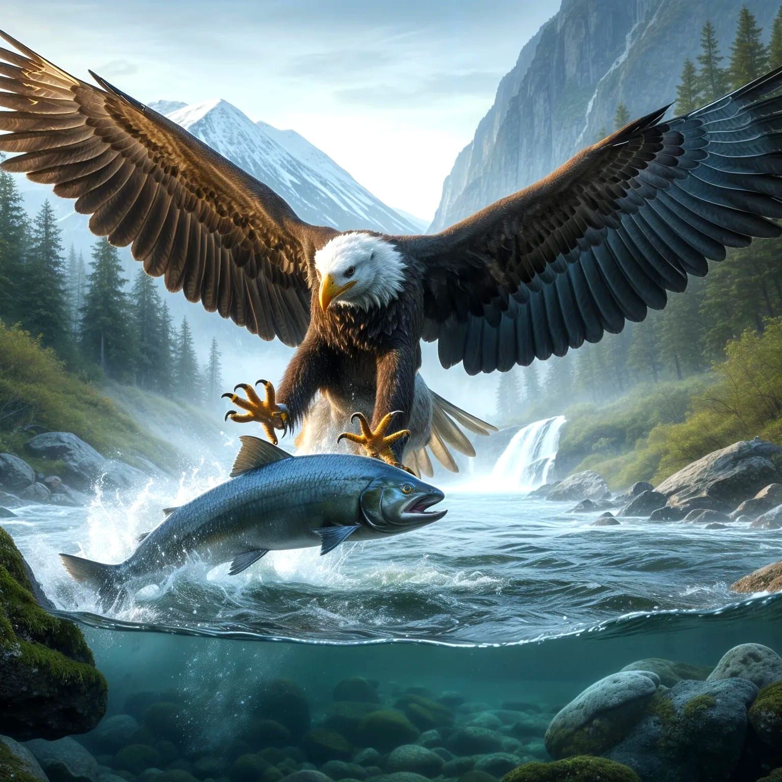Eagle catching a fish