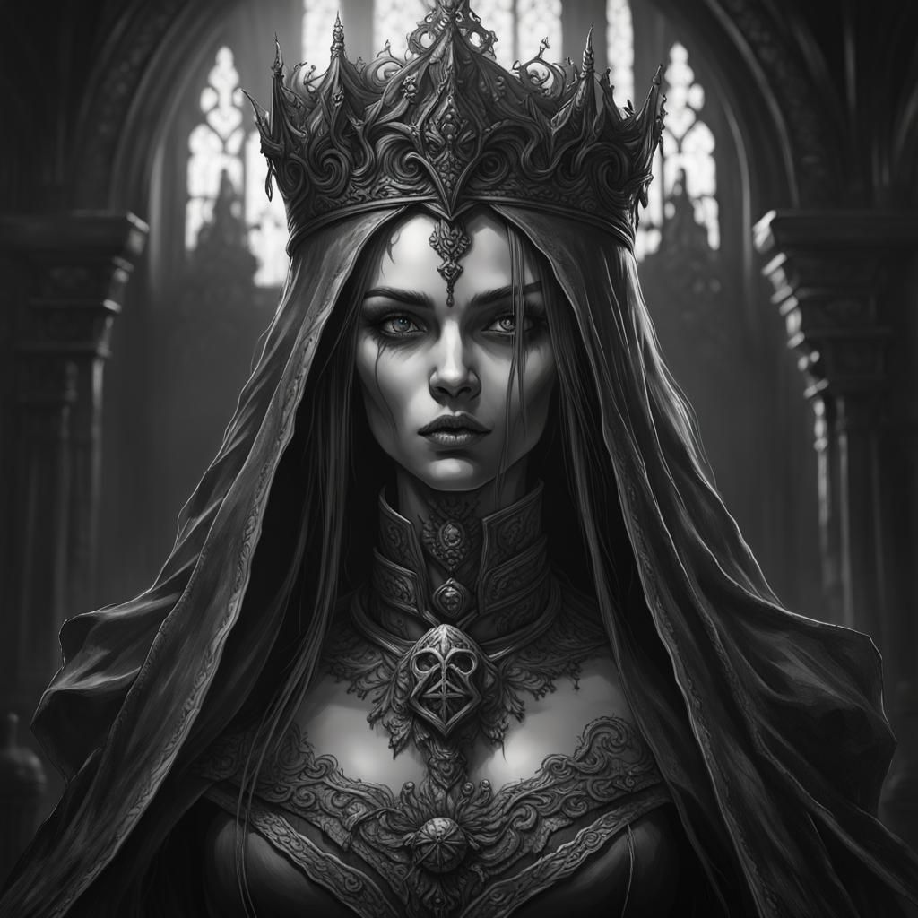 Dark, Portrait, gothic frame, princess, lich, undead, evil. Black and ...