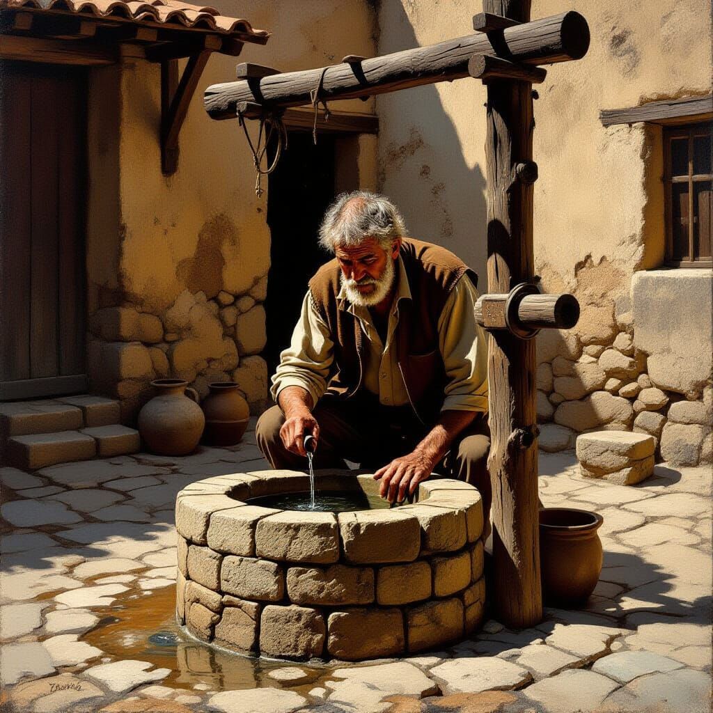 Old Man Drawing Water from Ancient Well