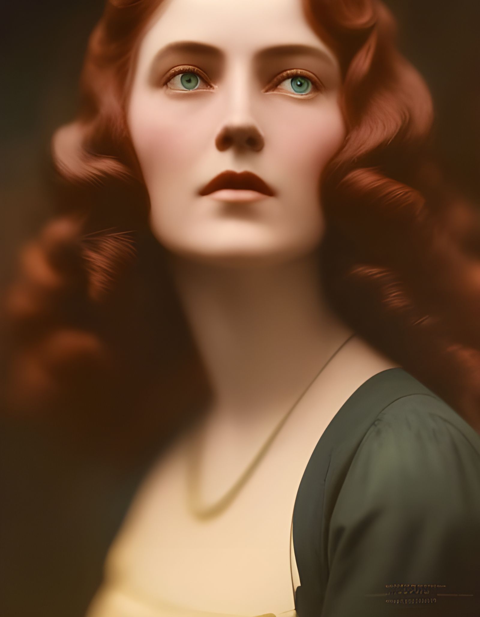 1900s photograph, hand tinted, vintage cottagecore Woman, red hair, head and shoulders portrait, 8k resolution ...  by @Balanth