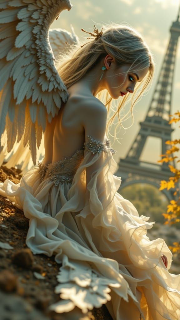 <lora:MJ6 Dark Oil Paint:1.0> <lora:Fallen Angels:1.0> A close-up of a beautiful fallen angel, blue eyes, her luminous skin radiating in dra...