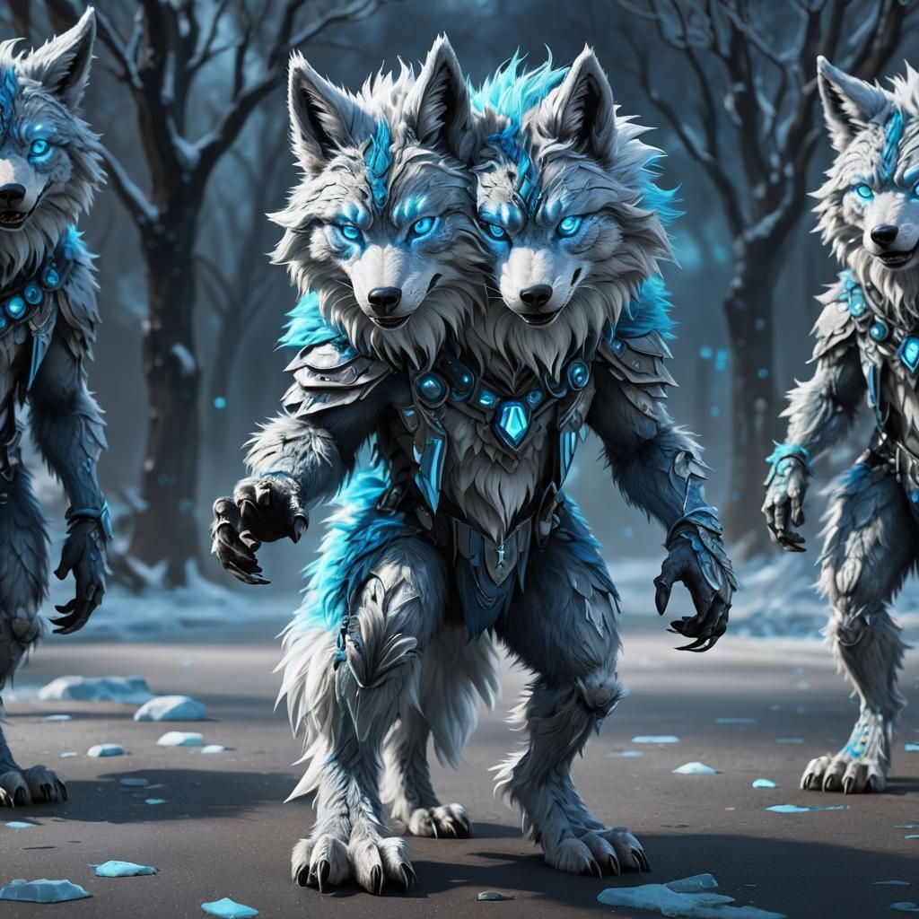 vibrant neon blue silver bipedal humanoid wolf boy furry flu...
