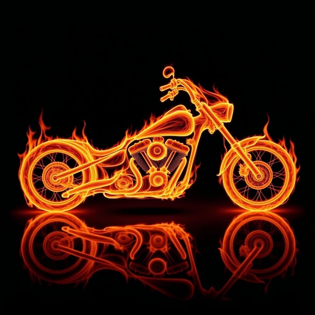 Flame <lora:made of flames flux:1.0> motorcycle made entirely of flames against a black background, 
 flamemotorbike