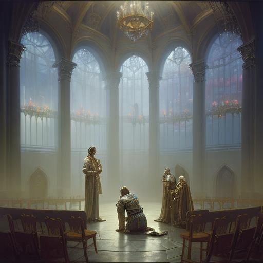 prisoner in chains on his knees before the king being judged...