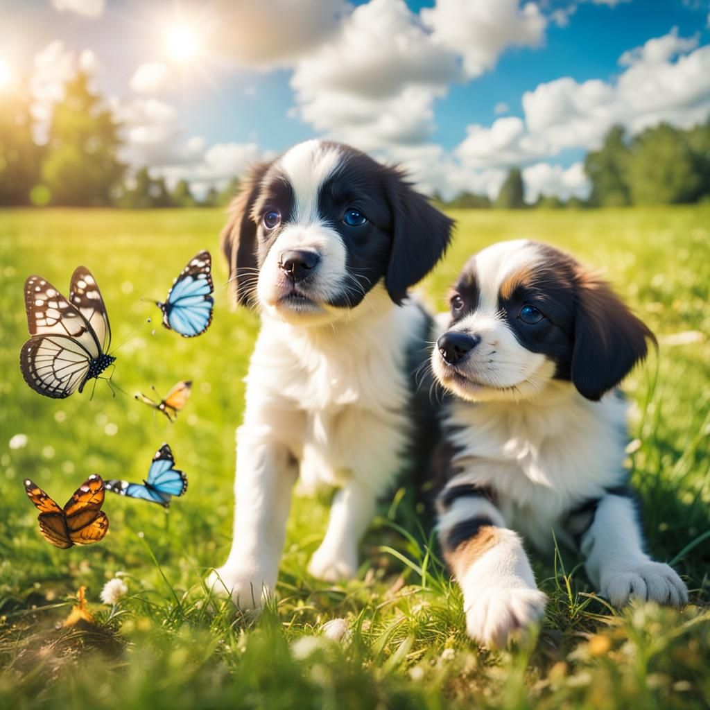 two cute puppies playing on the grass at a dog park chasing ...