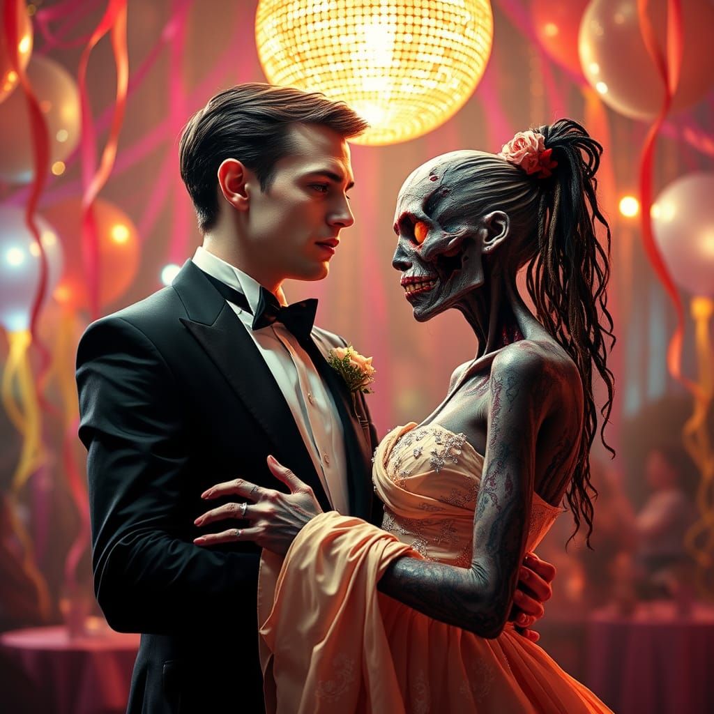 A vampire and a zombie slow dancing under a disco ball, surr...