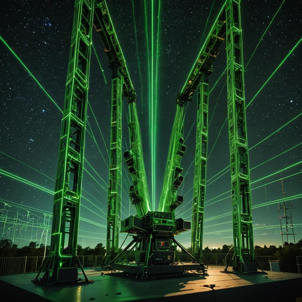 A laser harp made from microwave towers, shooting green lasers into