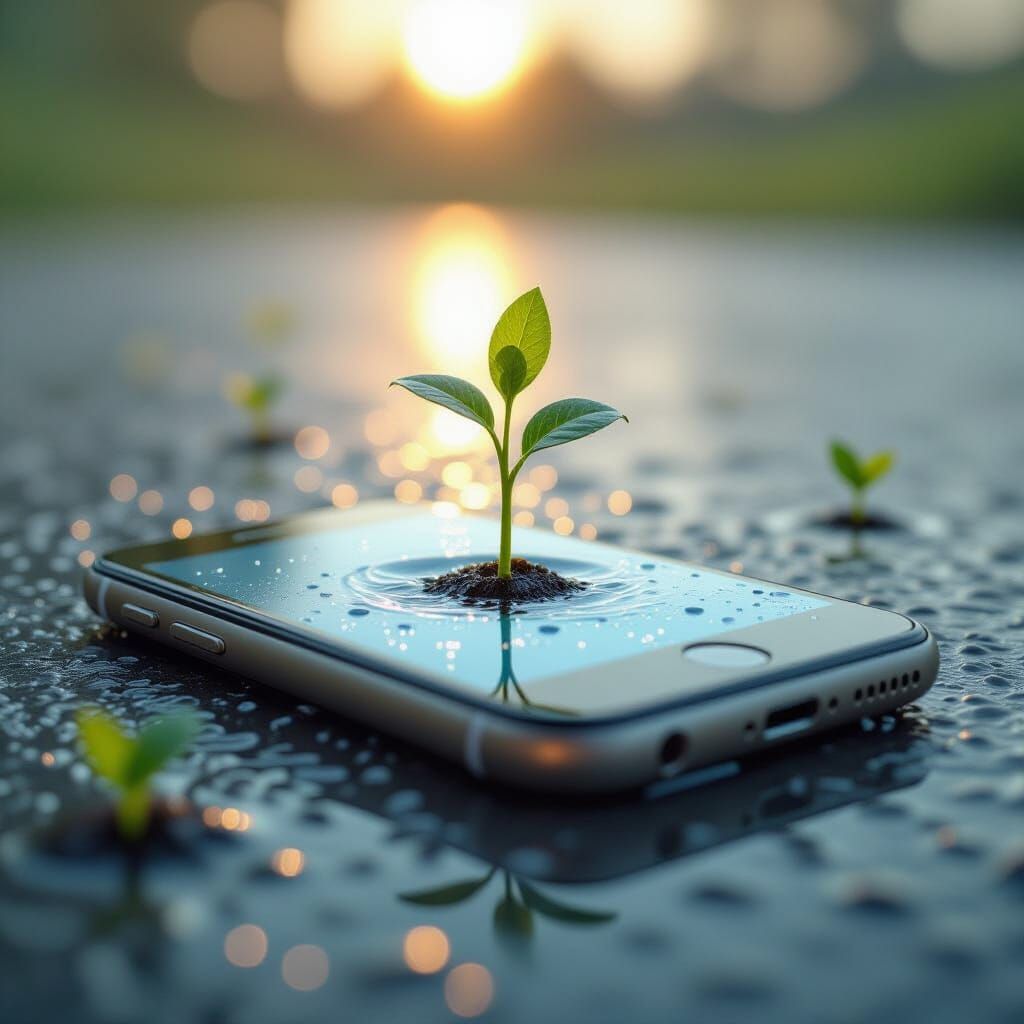 Close-up macro of tiny green shoots growing from the crevices of a smartphone screen, drops of water glistening, shallow depth of field, hyp...