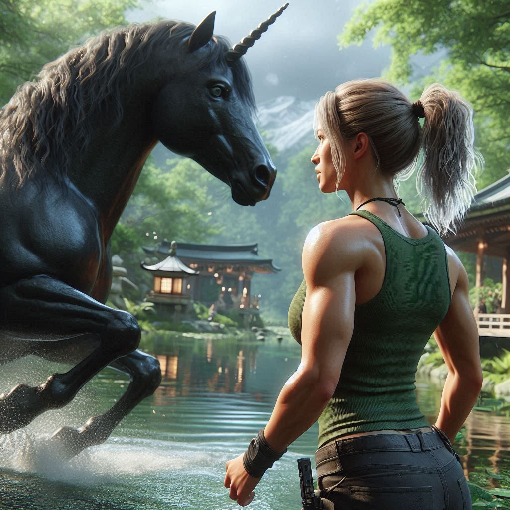 Cassie Cage having an encounter with a wild black unicorn at...