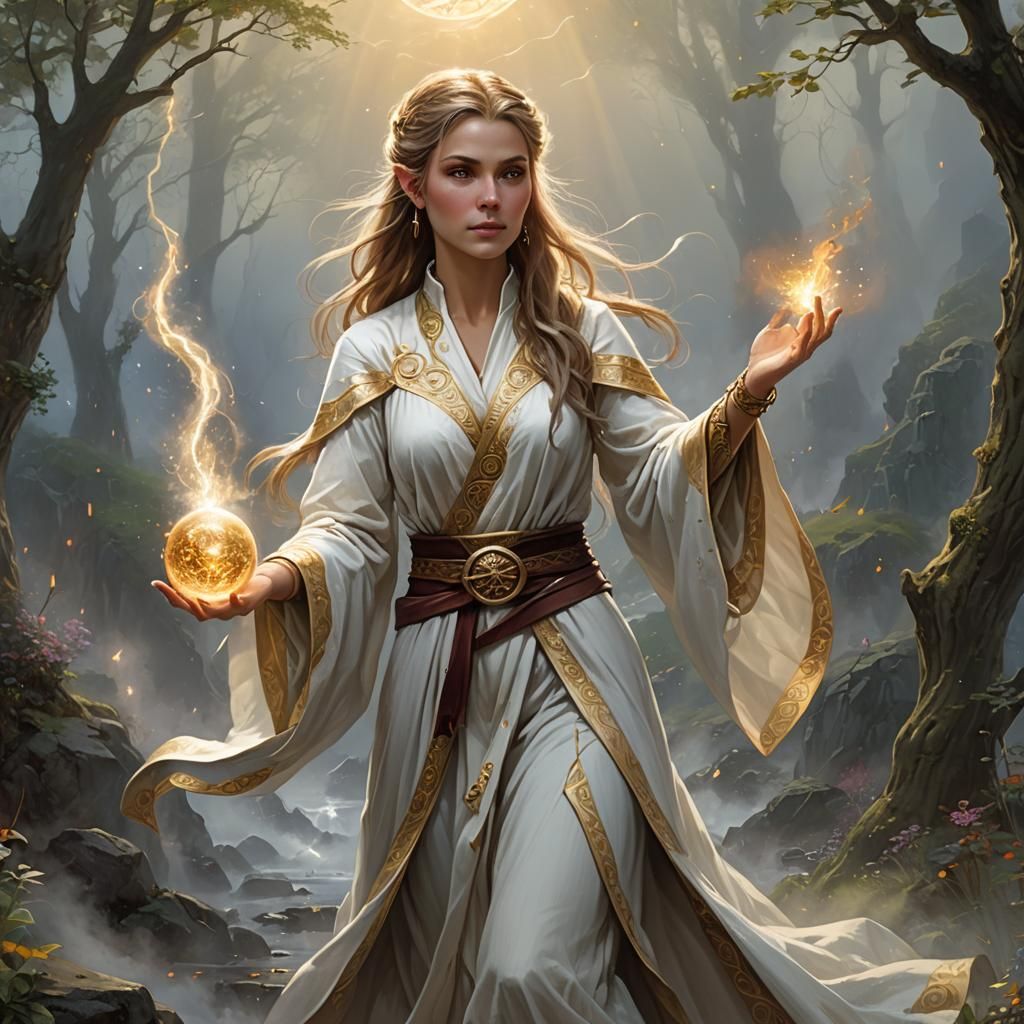 Female Half elf Celestial warlock. She is beautiful with darkblonde hair in a half-pony tail. She is casting a spell that looks like a ball...