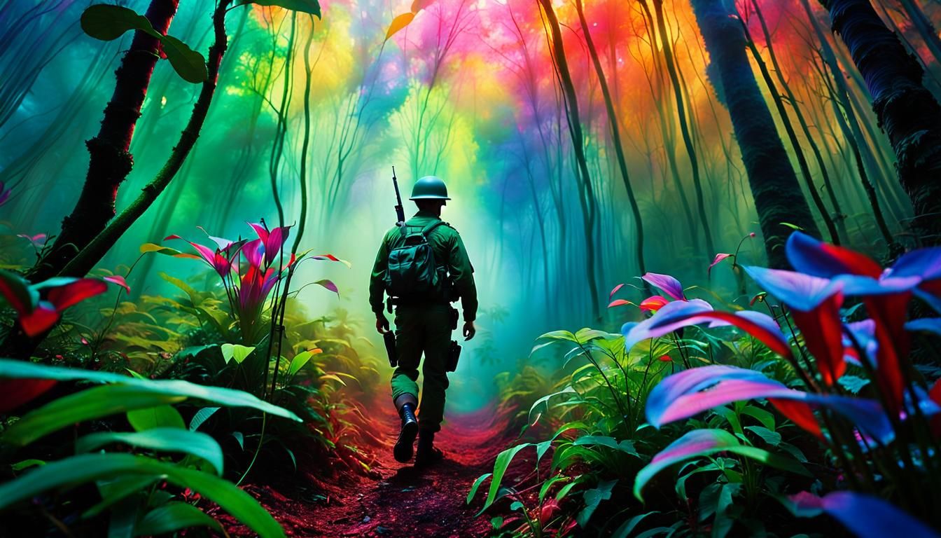 a sweating dirty soldier moving through a thick jungle with birds and vines, mystical forest, shrouded in an otherworldly, iridescent mist,...