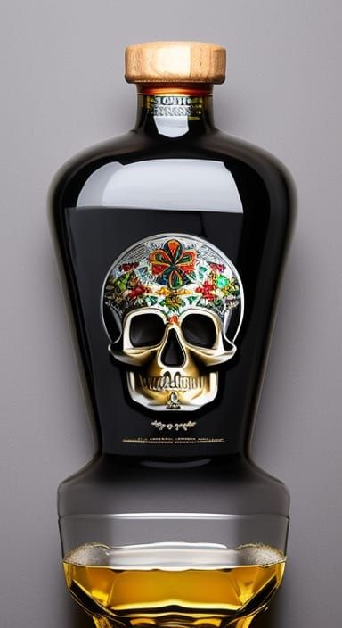 a bottle of tequila with a skull in it, - AI Generated Artwork