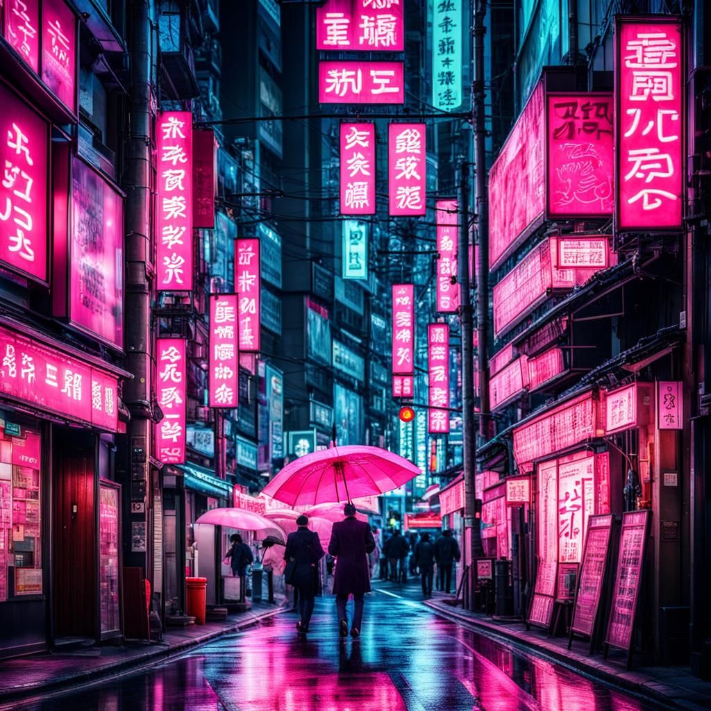 Pink umbrellas in the middle of a street in Tokyo with Fucsia neon ...