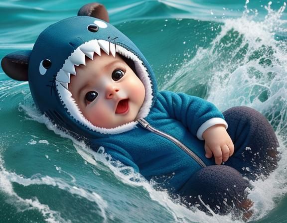 a cute Baby Otter 🦦 wearing a shark onesie, kawaii,ultra re...