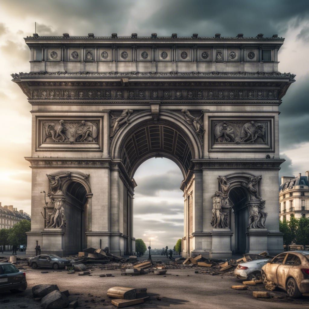 Post apocalyptic monuments Arc de Triomphe in Paris well cen...