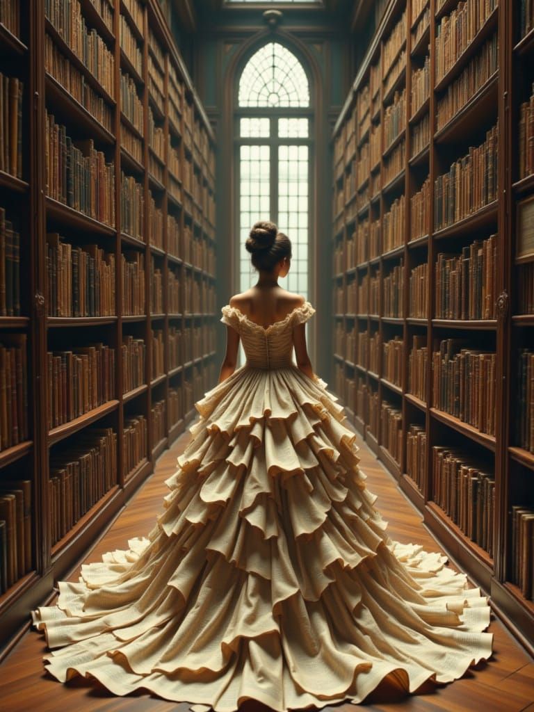 Woman in Page Gown in Library