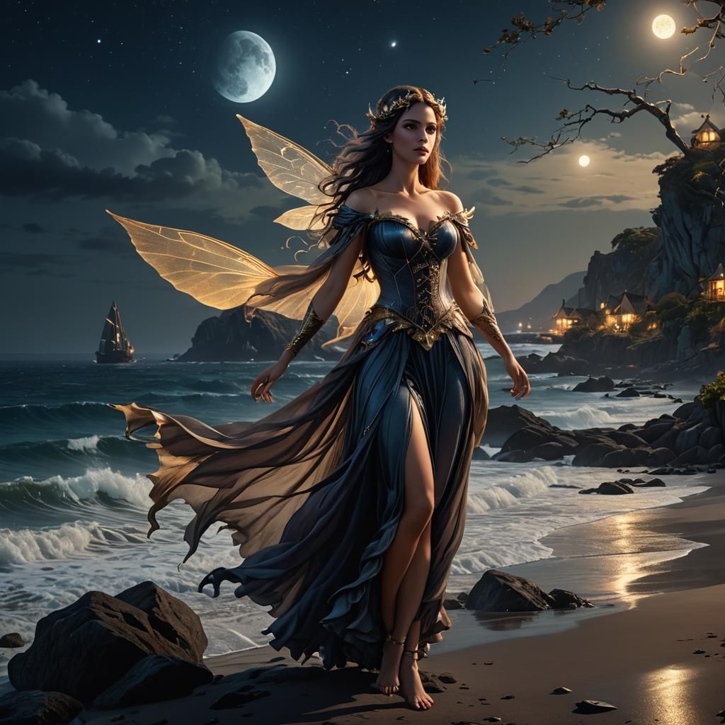 Fairy woman at night near the sea in moonlight.