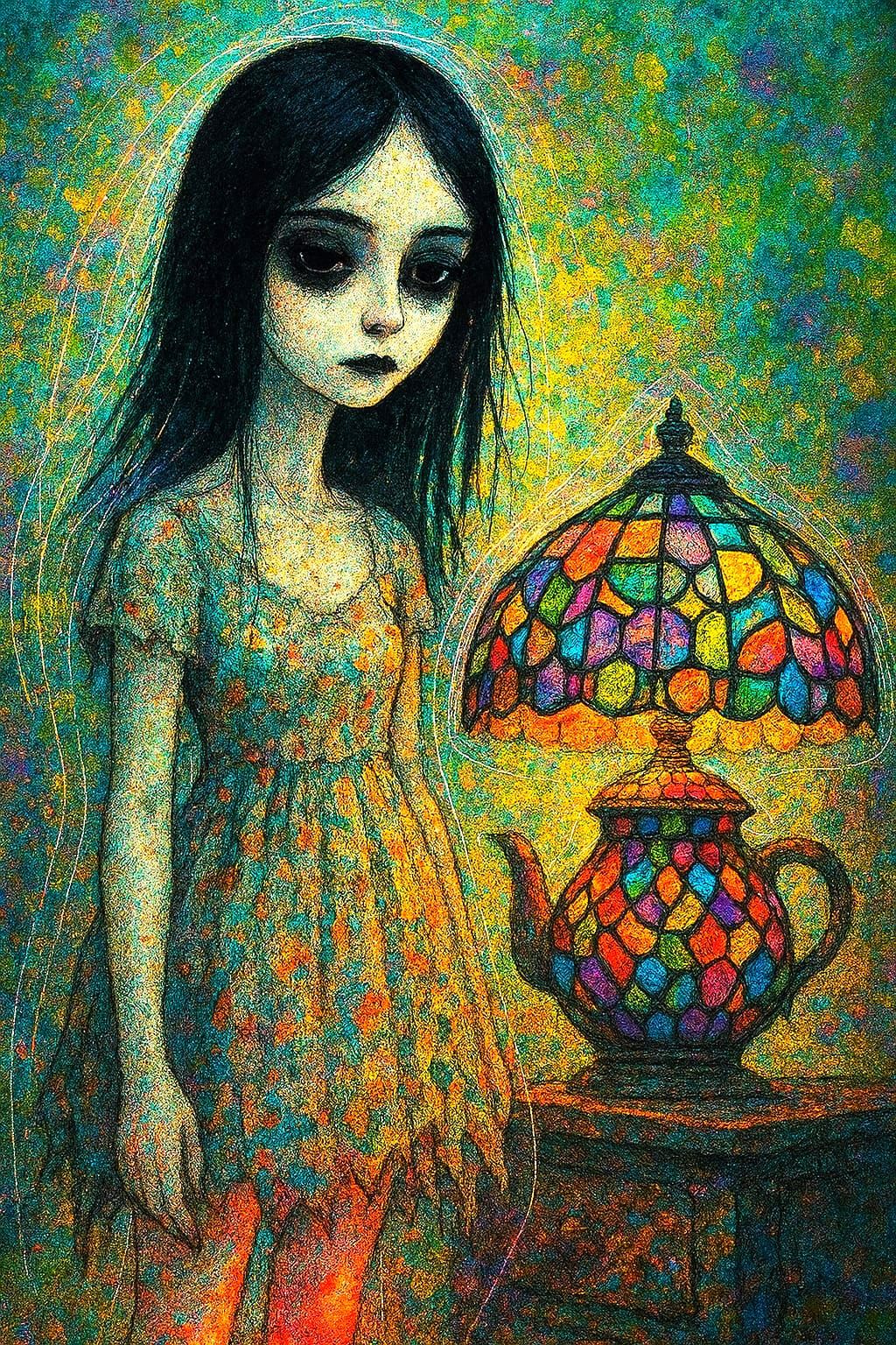 A goth albino woman wears a tattered summer dress. A Tiffany...