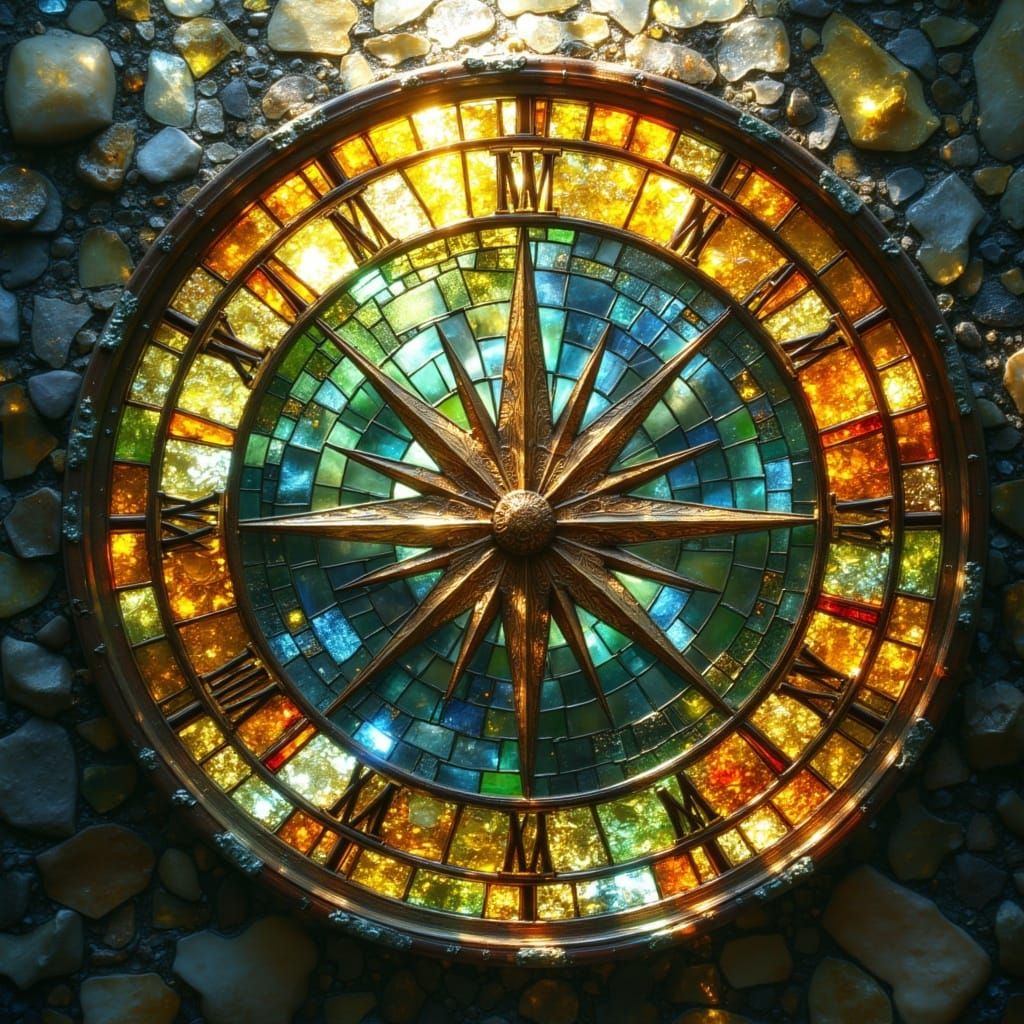<lora:Stained Glass:1.0> A compass forged from broken stained glass and weeping goldleaf, humming with yearning and displaced memory, used ...