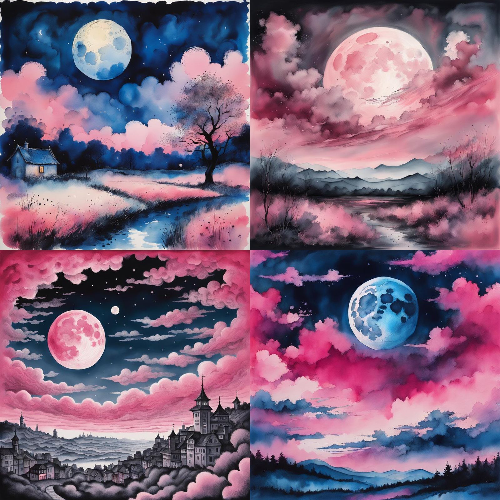 A big full moon, small fluffy clouds partly cover the moon, sky in shades of pink, twilight, moonscape, mysterious, mode...