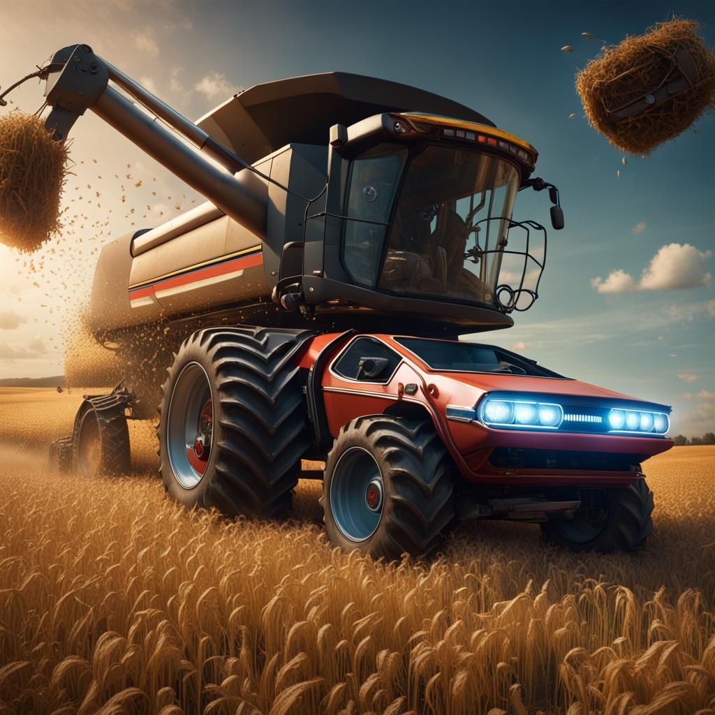 A photo of a combine harvester with the design elements of a delorean