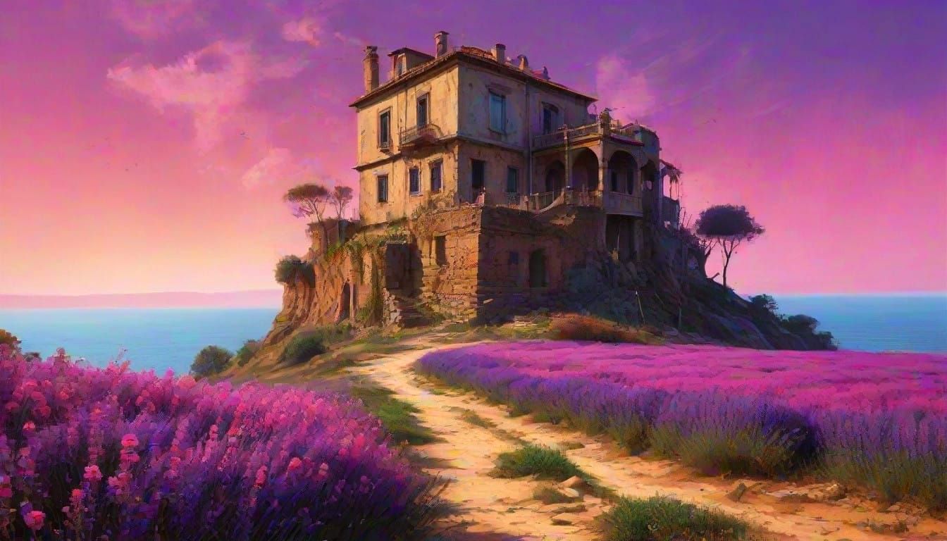 Otherworldly Alcohol Ink, Large abandoned Mediterranean house, with an attached tower, on a Mediterranean ...  by @Hugo Raul